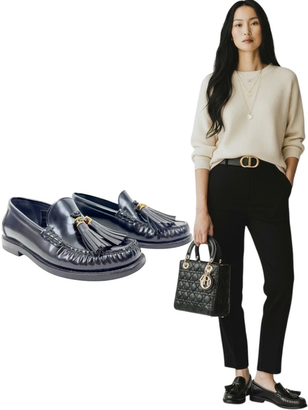 Dior D-Academy Brushed Leather CD Logo Tassels Loafers Black Size 36